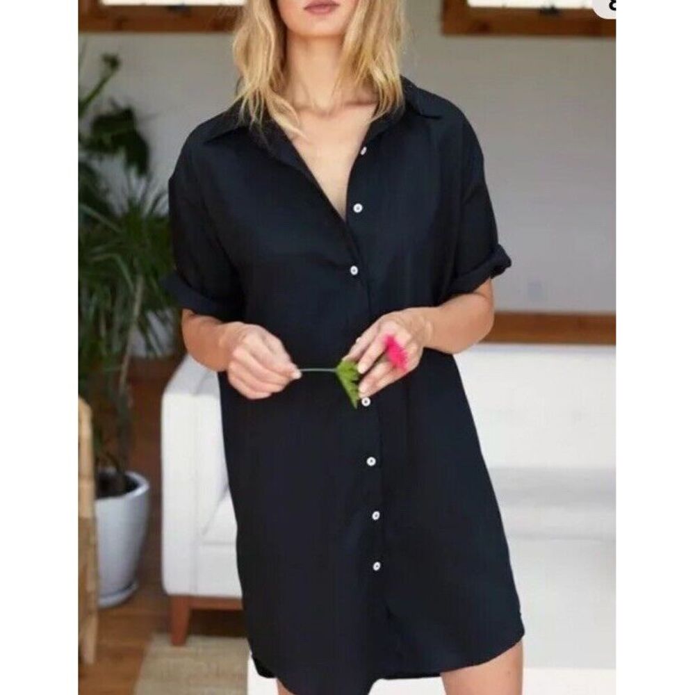 Emerson Fry Women Black 100% Tencel Shirt Dress Medium Short Sleeve Button Up